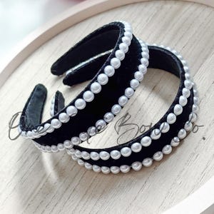 Black Velvet Headband for Women, Fancy Pearl Headband for Girls, Holiday Headband for Women, Dressy Headband for Girl, Black and White Pearl