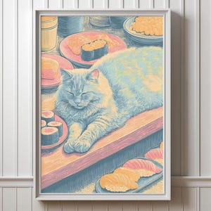 Risograph Print, Cozy Cat Surrounded by Sushi, Riso Art Illustration, Japanese Food Wall Art, Los Angeles Riso Print