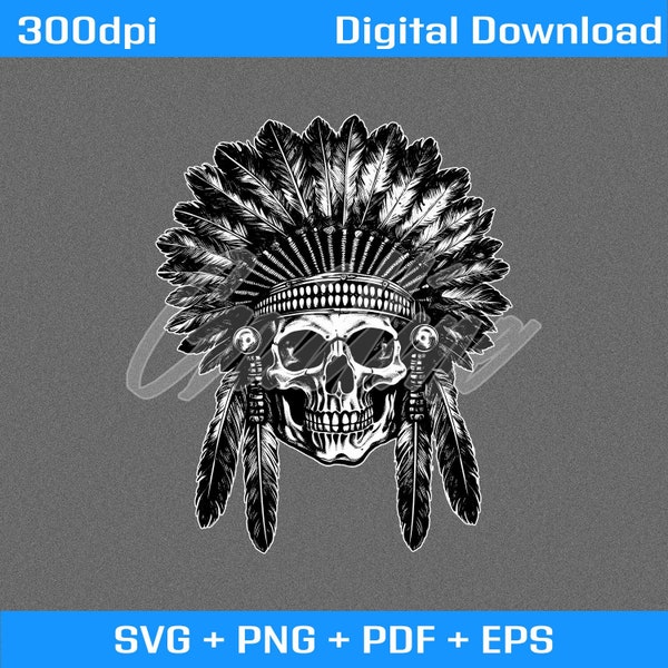 Native American SVG,  Native American Skull, Digital Download, Native American PNG