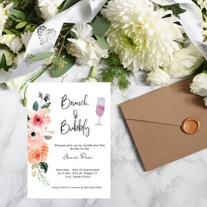 Bruidsdouche uitnodiging-AVA, digitale bruidsdouche uitnodigen, brunch & bubbels, bloemen, bewerkbare sjabloon, telefoontekst Evite, Instant Download