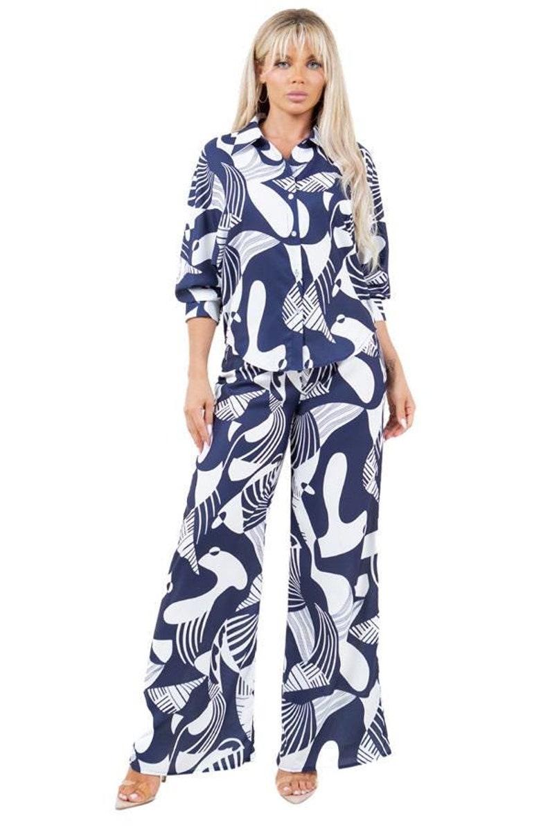 White Abstract Print Button Back Vest and Wide Leg Pants Set