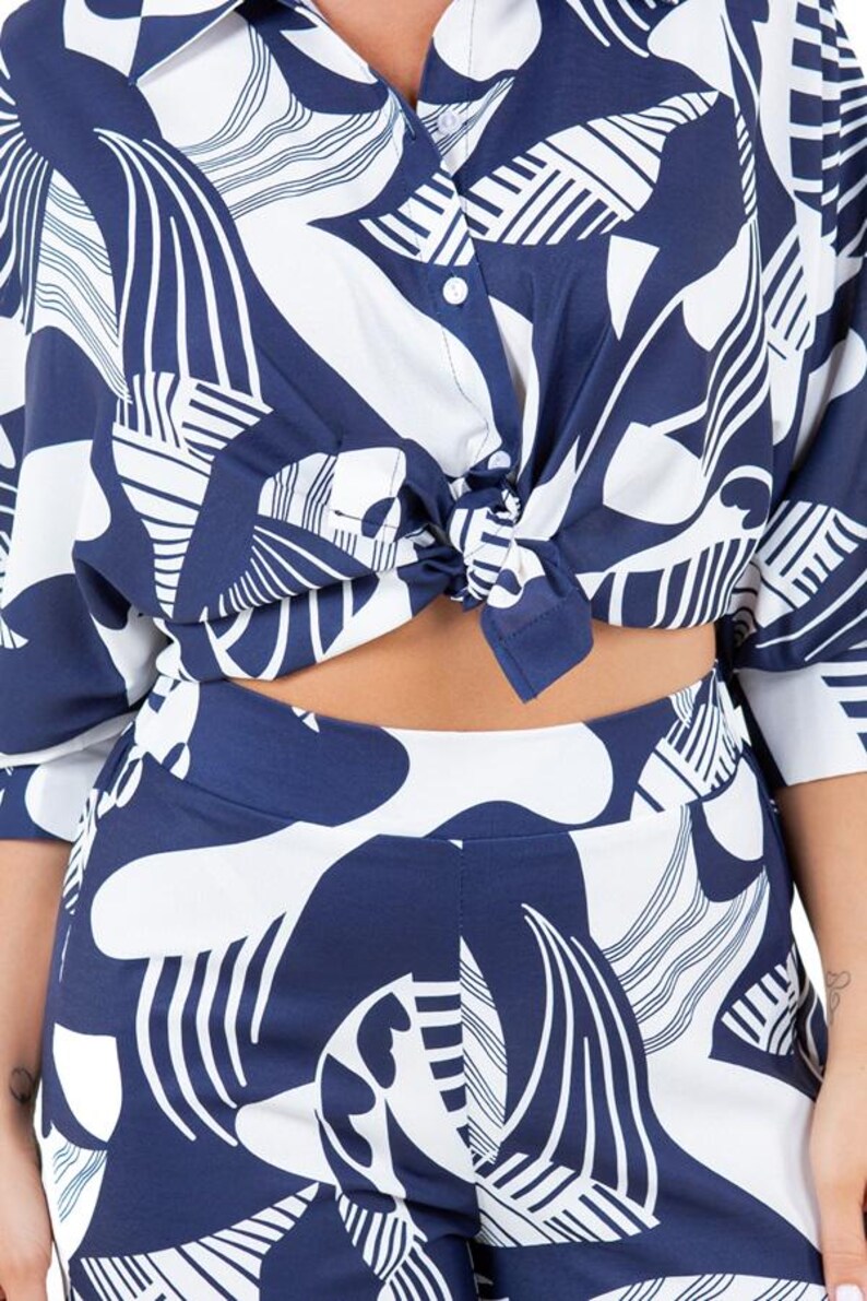 Printed Waist Cinching Casual Straight Leg Pants Set