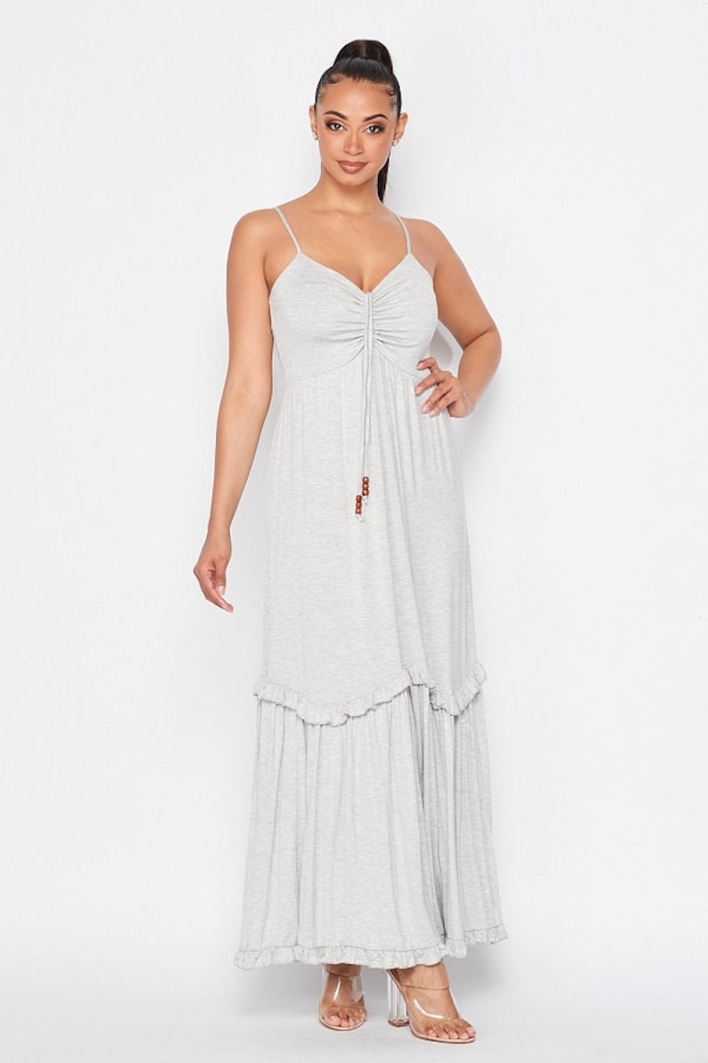 Ruffle-Hem Sleeveless Maxi Dress Straps V-Neck With This Flattering Dress Boasting A Comfy,Stretch-Enhanced Material And Elegant Made in USA