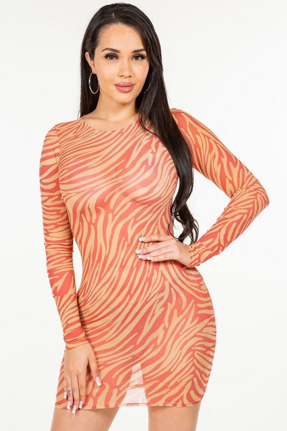 Women's sexy zebra print flocked mesh long-sleeved dress
