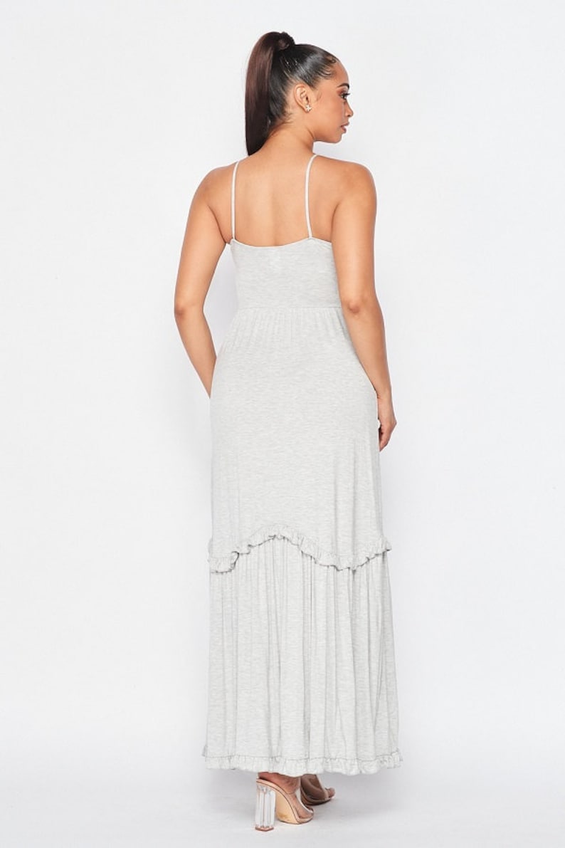 Ruffle-Hem Sleeveless Maxi Dress Straps V-Neck With This Flattering Dress Boasting A Comfy,Stretch-Enhanced Material And Elegant Made in USA