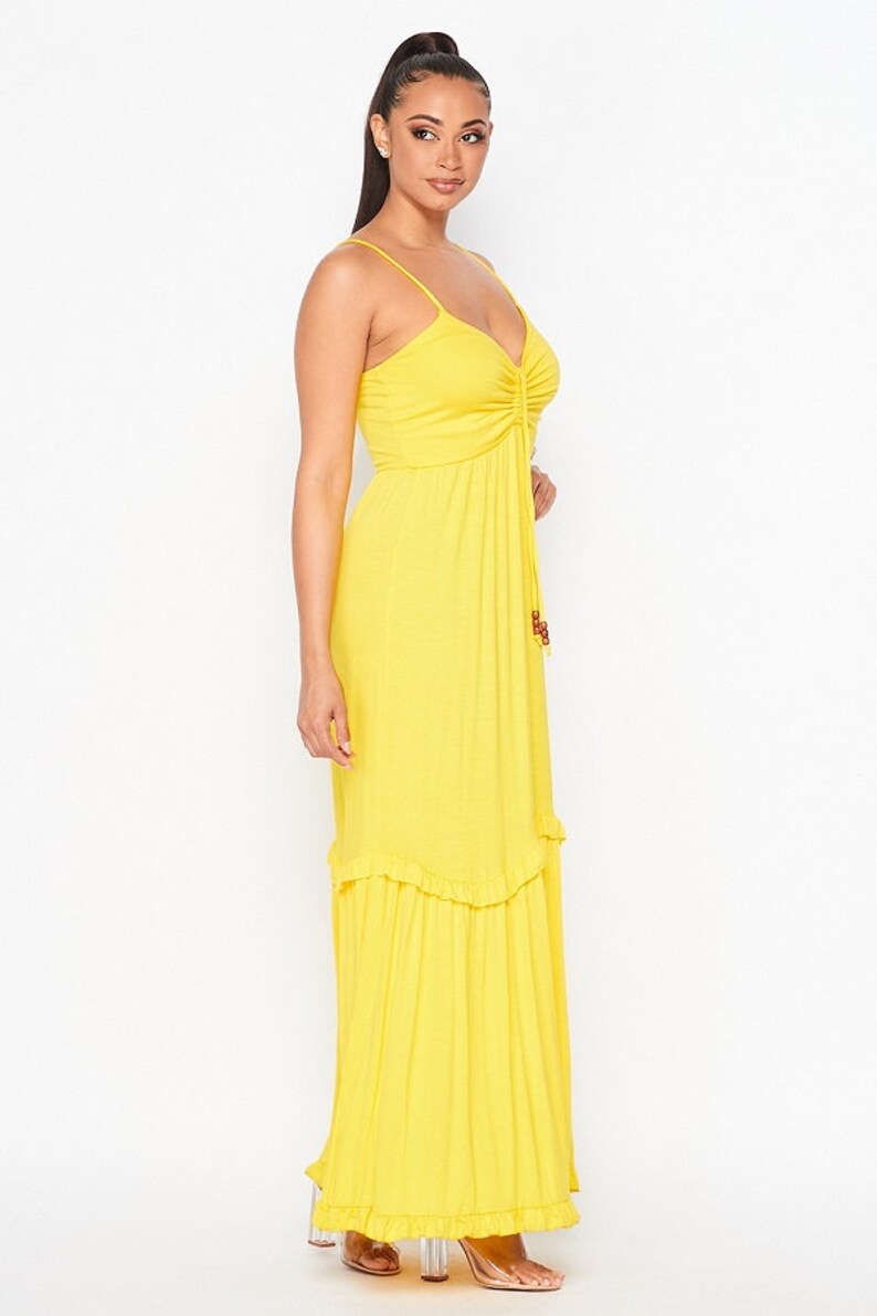 Ruffle-Hem Sleeveless Maxi Dress Straps V-Neck With This Flattering Dress Boasting A Comfy,Stretch-Enhanced Material And Elegant Made in USA