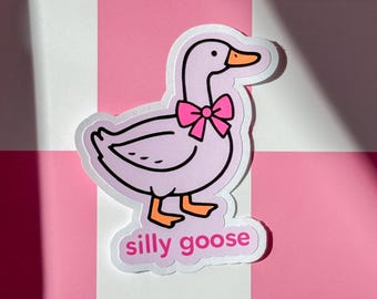 Kawaii Silly Goose Sticker: Pink Bow, Laptop Decal