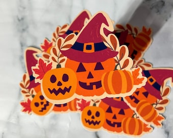 Pegatina de calabaza de Halloween: decoración otoñal espeluznante y de brujas