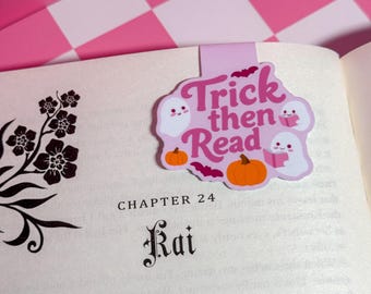 Marque-page magnétique rose Trick Then Read, Fantômes d'Halloween, cadeau de lecture d'automne confortable