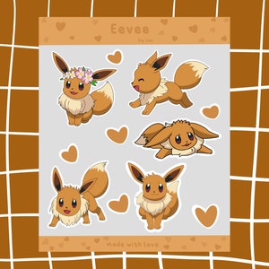 K&ouml;nnte beinhalten: Ein Set mit f&uuml;nf braunen Eevee Pokemon-Aufklebern in verschiedenen Posen. Die Aufkleber befinden sich auf einem wei&szlig;en Hintergrund mit Herzen und dem Text "Eevee by Lex" und "made with love".