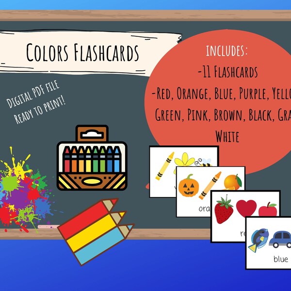 Colors Flashcards - Digital Download Printable, English/ESL teachers, Learning Colors, Homeschool, Preschool, K, Toddlers, PalFish/VIPkid