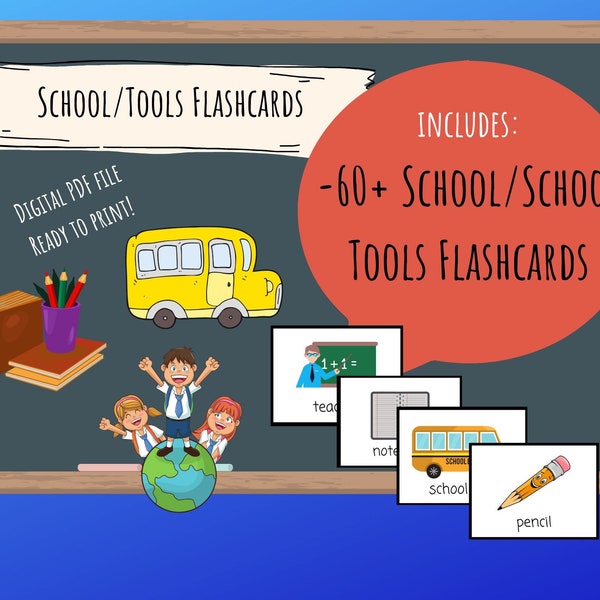 60+ School/Tools Flashcards - Digital Download Printable, English/ESL Teachers, Learn, Homeschool, Preschool, K, Toddlers, PalFish/VIPkid