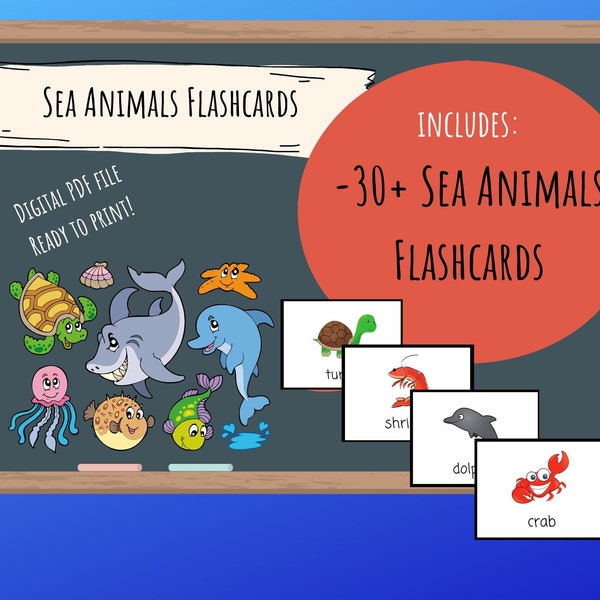 30+ Sea Animals Flashcards - Digital Download Printable, English/ESL Teachers, Learn, Homeschool, Preschool, K, Toddlers, PalFish/VIPkid