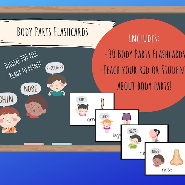 Body Parts Flashcards - Digital Download Printable, English/ESL Teachers, Learn Human, Homeschool, Preschool, K, Toddlers, PalFish/VIPkid