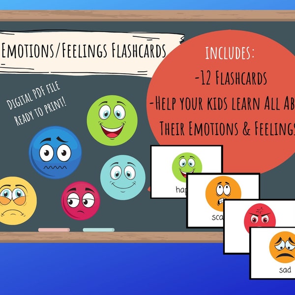 Emotions/Feelings Flashcards - Digital Download Printable, English/ESL teachers, Learn, Homeschool, Preschool, K, Toddlers, PalFish/VIPkid