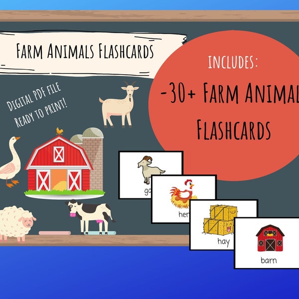 30+ Farm Animals Flashcards - Digital Download Printable, English/ESL Teachers, Learn, Homeschool, Preschool, K, Toddlers, PalFish/VIPkid