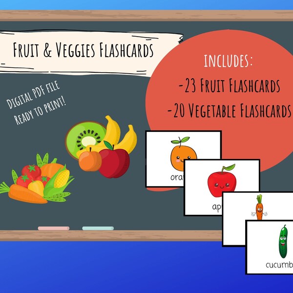 Fruit & Vegetables Flashcards - Digital Download Printable, English/ESL Teachers, Learn, Homeschool, Preschool, K, Toddlers, PalFish/VIPkid