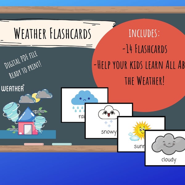 Weather Flashcards - Digital Download Printable, English/ESL teachers, Learning Weather, Homeschool, Preschool, K, Toddlers, PalFish/VIPkid