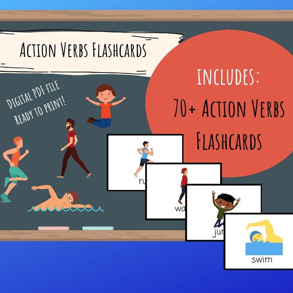 70+ Action Verbs Flashcards - Digital Download Printable, English/ESL Teachers, Learn, Homeschool, Preschool, K, Toddlers, PalFish/VIPkid