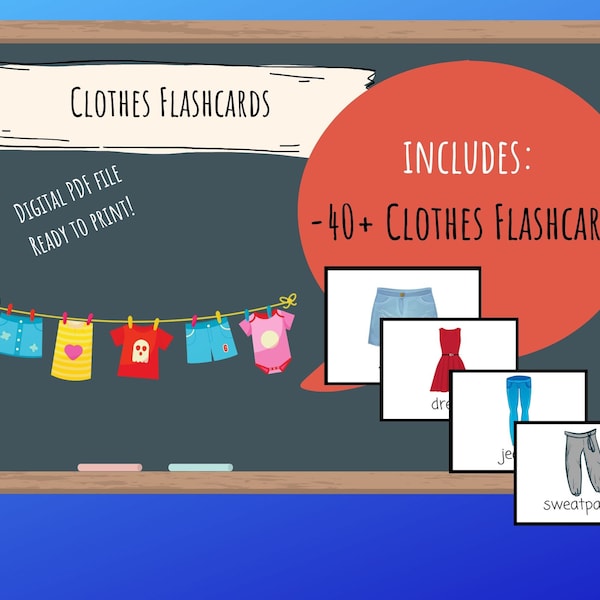 40+ Clothes Flashcards - Digital Download Printable, English/ESL Teachers, Learn, Homeschool, Preschool, K, Toddlers, PalFish/VIPkid