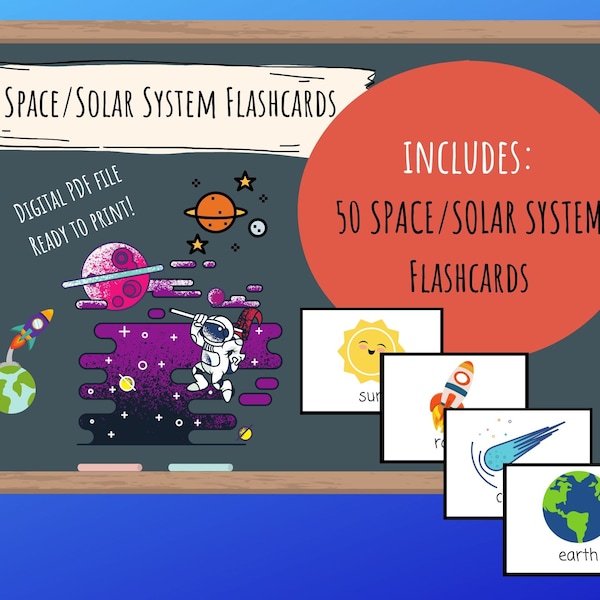 50 Space/Solar System Flashcards - Digital Download Printable, English/ESL teachers, Homeschool, Preschool, K, Toddlers, PalFish/VIPkid