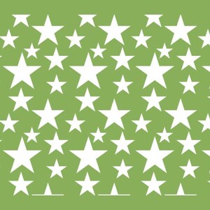 May include: A green background is filled with a pattern of white stars of varying sizes. The stars are evenly distributed across the surface, creating a visually appealing and dynamic design. The stars are in a stencil-like design.