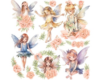 May include: Six watercolor illustrations of fairies with wings and flowers. The fairies are wearing dresses and have flowers in their hair. The flowers are pink and white.
