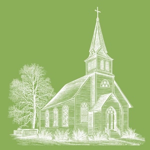 May include: A white line drawing of a church with a tall steeple and a cross on top. The church is surrounded by trees and bushes. The drawing is on a green background.