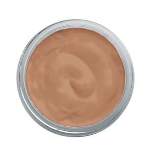 May include: A jar of light brown cream makeup, viewed from above. The cream has a smooth, swirled texture and is contained within a clear glass jar with a silver rim. The background is plain white.