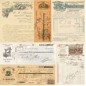May include: A collage of vintage ephemera, including receipts, invoices, and handwritten letters. The documents feature faded ink, aged paper, and French text. Some include illustrations of fruits, a sewing machine, and a cafe.