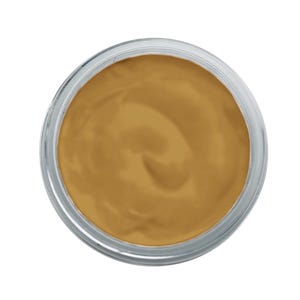 May include: A jar of golden-brown cream, viewed from above, against a white background. The cream has a smooth, swirling texture, and the jar has a clear, metallic rim. The product appears to be a cosmetic item.