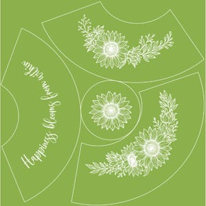 May include: A lime green design featuring white line art of sunflowers and foliage. The text "Happiness blooms from within" is written in a cursive font. The design is composed of several curved sections.