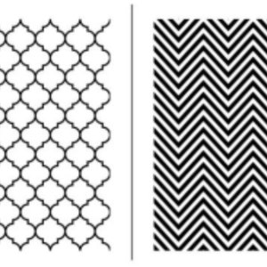 May include: Two black and white patterned designs. The left design features a repeating quatrefoil pattern. The right design showcases a zigzag or chevron pattern. Both patterns are symmetrical and graphic.