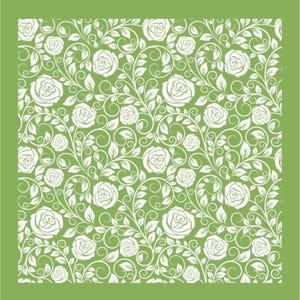 May include: A repeating pattern of white roses, leaves, and swirling vines on a light green background. The floral design is symmetrical and covers the entire surface, creating a classic, elegant aesthetic.