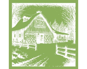 May include: A green and white illustration of a barn with a sloped roof, cross-shaped door accents, and a picket fence. Trees and foliage surround the barn, creating a rural, countryside scene. The image has a vintage, hand-drawn aesthetic.
