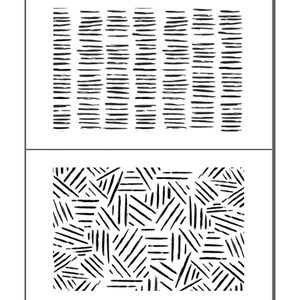 May include: Two abstract art prints. The top print features vertical black brushstrokes on a white background. The bottom print has a chaotic arrangement of black brushstrokes on white. Modern wall art.