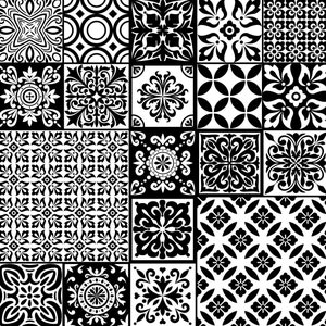 May include: A collection of black and white decorative tiles with various geometric and floral patterns. The square tiles feature symmetrical designs, including circles, quatrefoils, and stylized flowers, creating a visually rich and detailed mosaic.