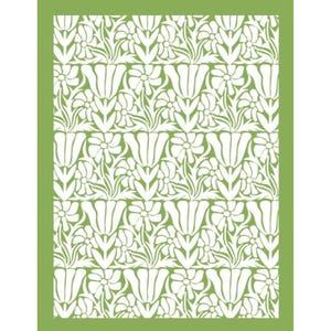 May include: A decorative stencil featuring a repeating floral pattern in white against a green background. The design includes stylized flowers and leaves, creating a symmetrical and elegant motif. Ideal for crafting and home decor projects.
