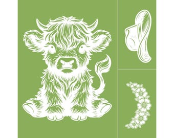 May include: A white line drawing of a Highland cow calf with fluffy fur, sitting on its haunches, on a green background. Additional white line drawings include a curved floral design and a stylized object.