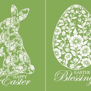 May include: Two green cards with white floral designs. The left card features a bunny silhouette with the text "Happy Easter". The right card features an egg silhouette with the text "Easter Blessings".
