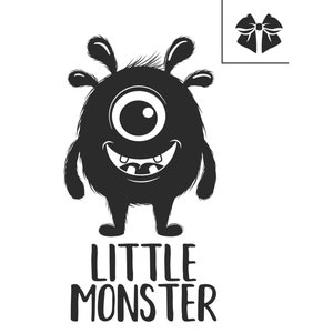 May include: A black and white illustration of a cartoon monster with one large eye, a wide smile, and the text "LITTLE MONSTER" below. A small bow illustration is in the upper right corner.