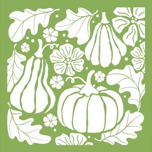 May include: A green square design featuring white illustrations of pumpkins, flowers, and leaves. The pumpkins vary in shape, with some having vertical ridges. The floral elements include small, five-petal flowers and larger, detailed blooms.