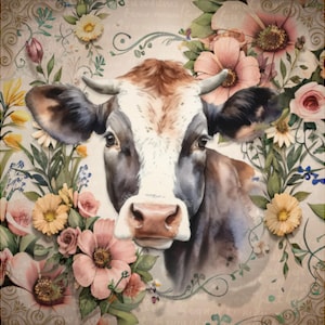 May include: A watercolor painting of a cow's face surrounded by flowers. The cow has a white face with brown markings and small horns. The flowers are in shades of pink, yellow, and white, with green foliage.