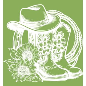 May include: White line art illustration on a green background featuring a cowboy hat, cowboy boots, sunflowers, a horseshoe, and a rope. The boots have floral designs.