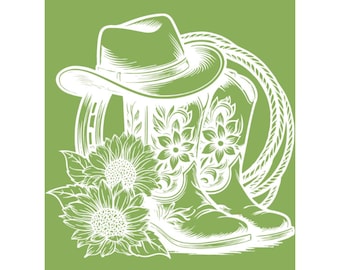 May include: White line art illustration on a green background featuring a cowboy hat, cowboy boots, sunflowers, a horseshoe, and a rope. The boots have floral designs.
