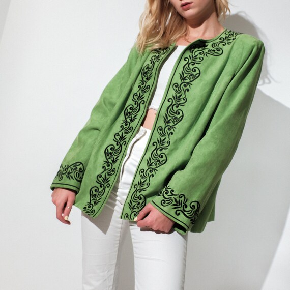 Vintage Bright Green Boho Floral Detailed Jacket-
