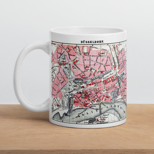 Düsseldorf: coffee and tea mug with historical city map (1885)