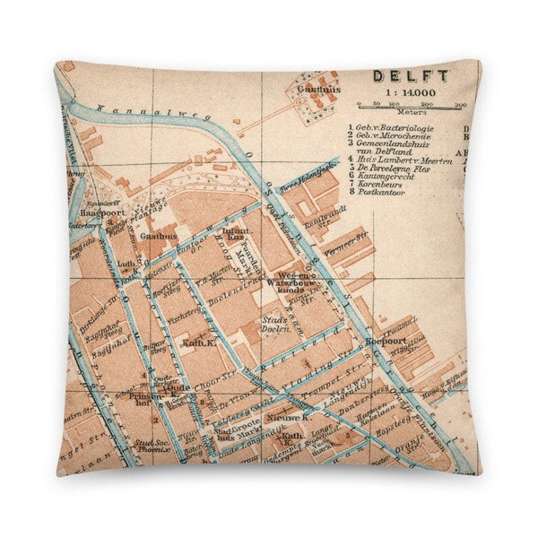 Delft in 1905: Decorative pillow historical city map, South Holland, Netherlands, gift for Dutch people, holland vacation , souvenir, decor