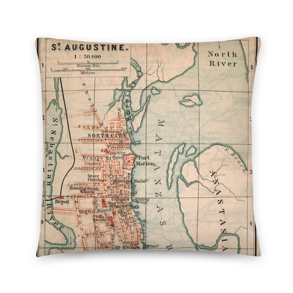 St. Augustine / Florida in 1894: Decorative pillow with historical city map, St. Augustine Beach, USA lovers, St. Johns County, souvenir