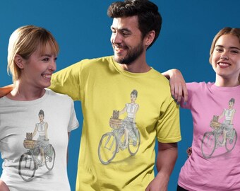 Audrey Hepburn & her dog: t-shirt (unisex) with pop art print, bicycle t-shirt, Dutch bike, Hollywood style icon, cycling gift idea, Cyclist